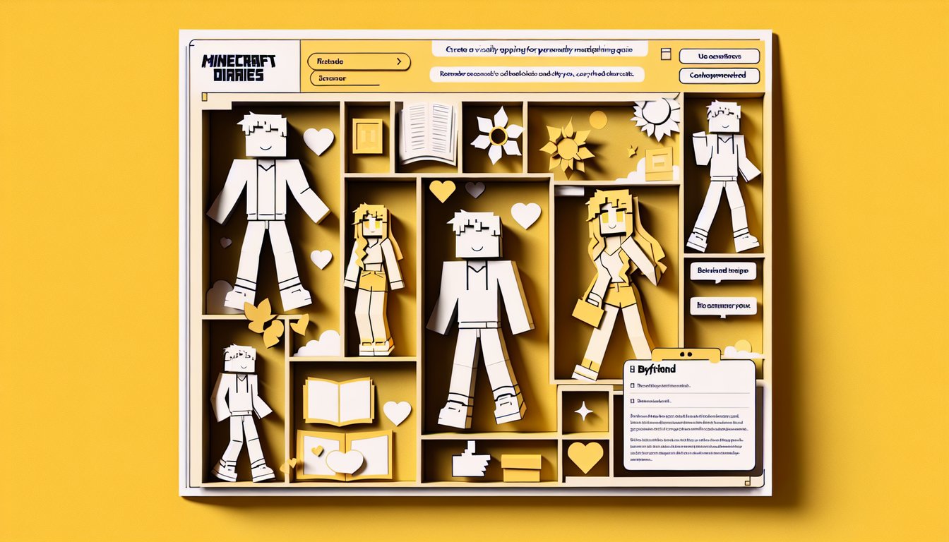 Paper art of blocky Minecraft Diaries characters and heart icons on golden yellow background for boyfriend match quiz