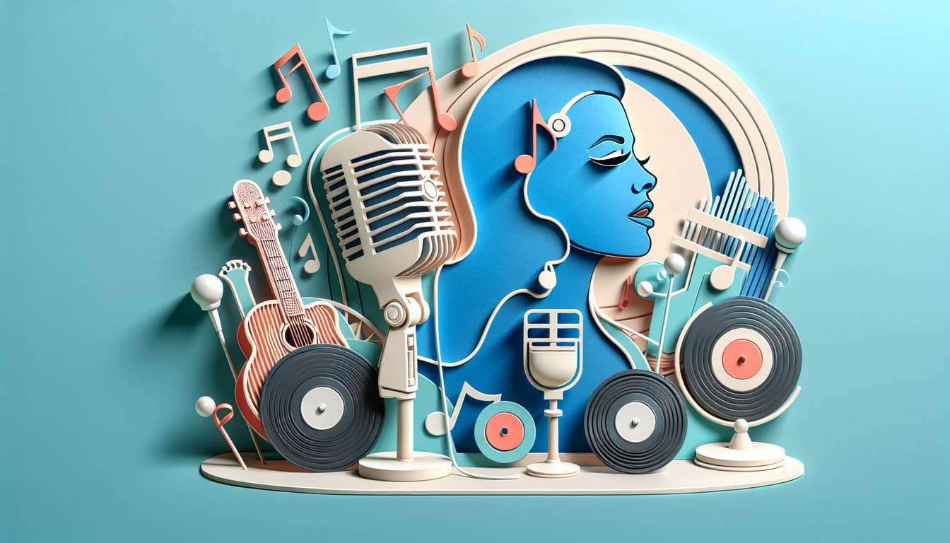 paper art illustration with Dua Lipa silhouette microphone music notes and quiz text on sky blue background