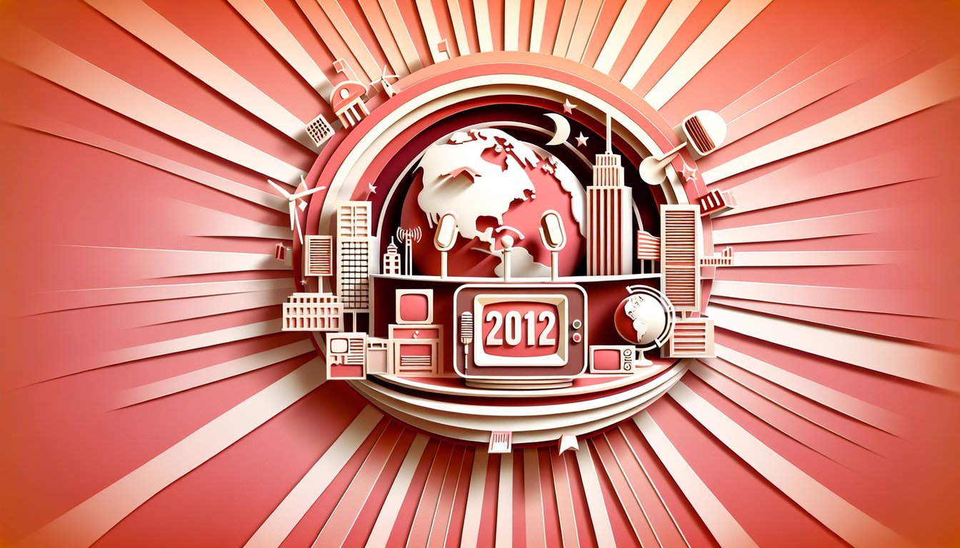 Colorful paper cutout collage featuring question mark calendar filmstrip microphone globe and quiz text on coral background