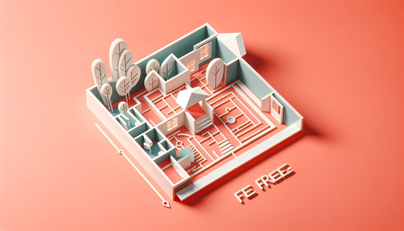 paper art illustration floorplan pencil ruler keyboard on coral background promoting free AutoCAD skills certification quiz