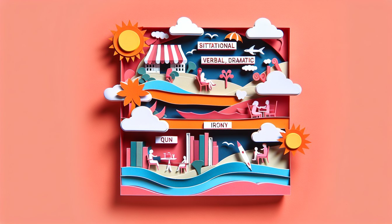 Paper art illustration quiz with layered shapes and text about situational verbal dramatic irony on coral background