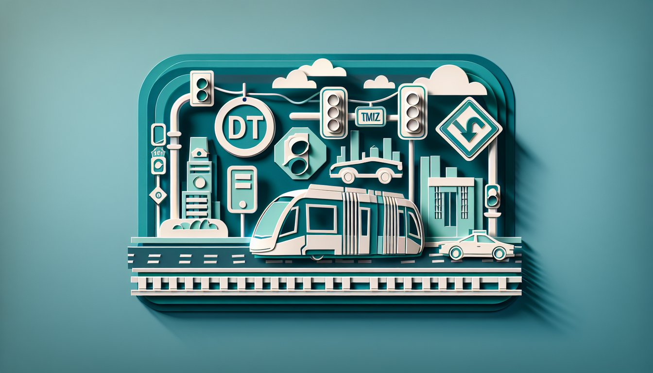 Paper art illustration for DMV quiz with light rail vehicle questions on teal background
