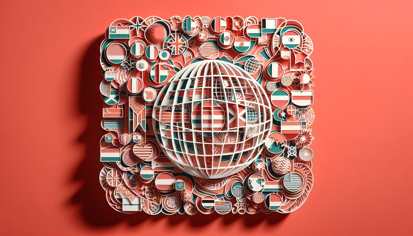 Paper art world map with colorful country flags on coral background and bold quiz prompt text.