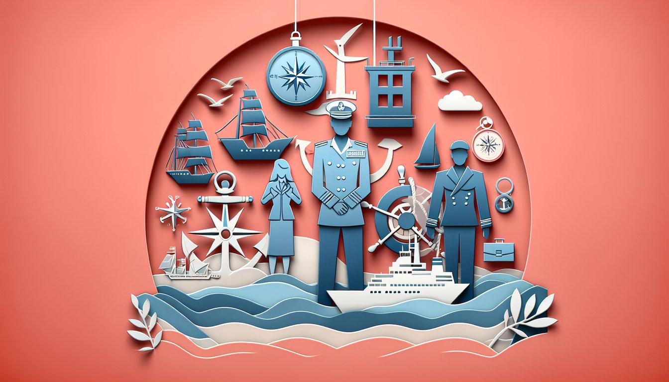 Paper art illustration of navy hat anchor badge recruitment manual and pencil on coral background for navy career quiz
