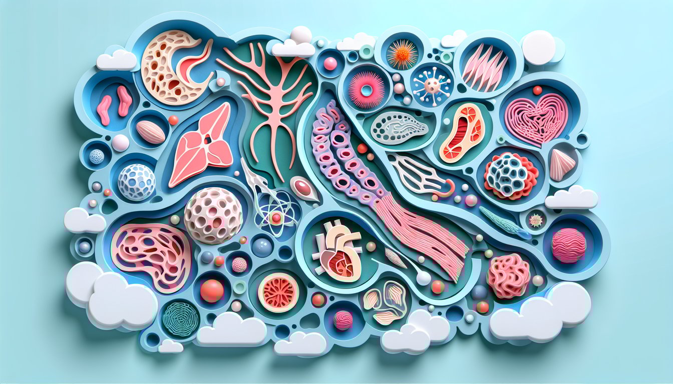 Paper art illustration for a histology quiz on a sky blue background.
