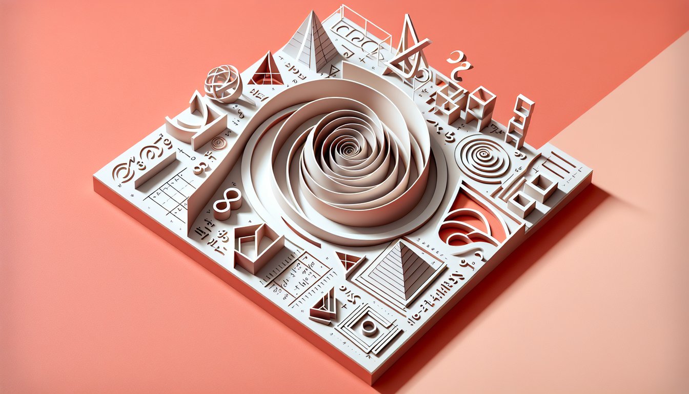 Paper art illustration with math symbols and shapes on coral background for a logical reasoning quiz