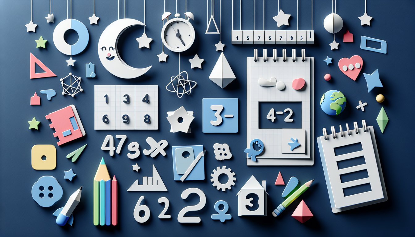 Colorful paper art promoting K Math Magic, an interactive kindergarten math skills quiz.