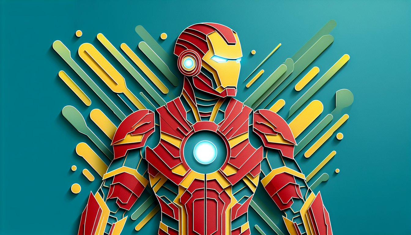 Iron Man trivia quiz paper art illustration on a teal background