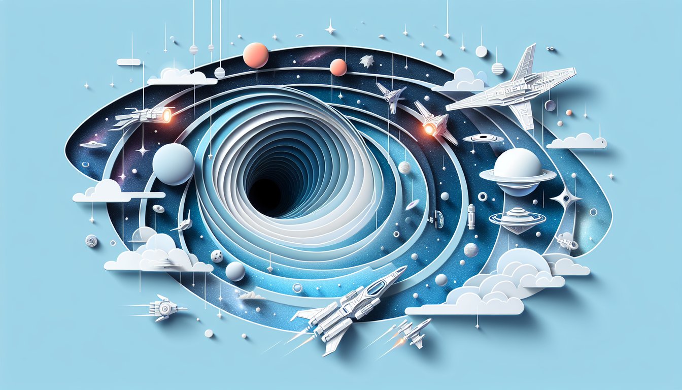 Paper art illustration for Interstellar trivia quiz on a sky blue background