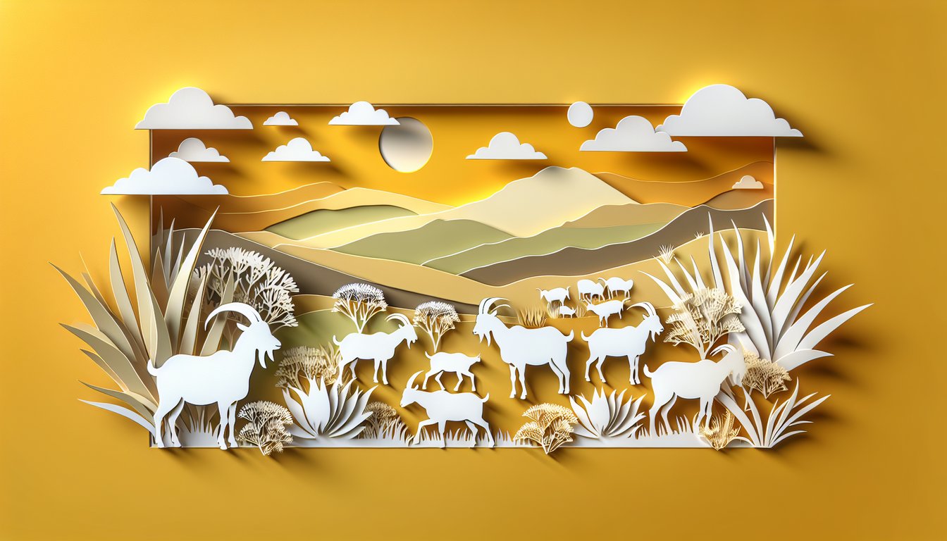 Paper art illustration for Boer goats quiz featuring stylized goats and quiz text on a golden yellow background