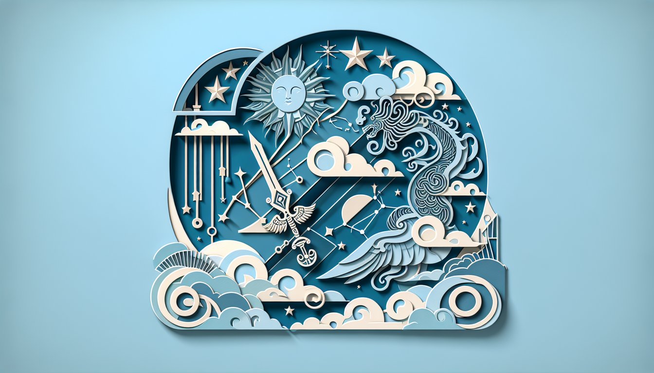 Paper art scene of Perseus with sword shield and winged helmet on sky blue background quiz text on his divine role ancestry