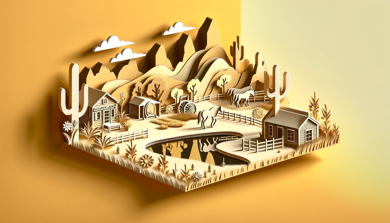 Paper art illustration for Heartland personality quiz on a golden yellow background