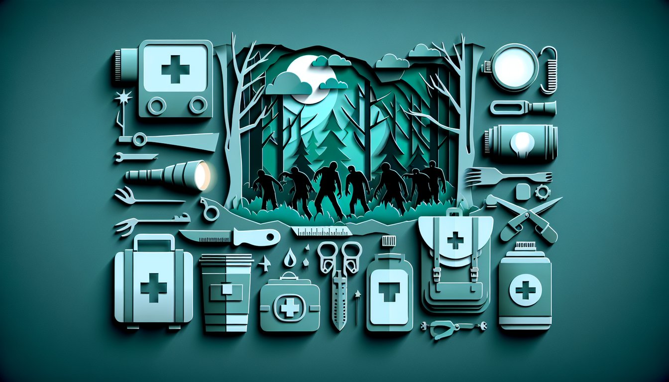 Paper art illustration for a Zombie Apocalypse survival quiz on a teal background