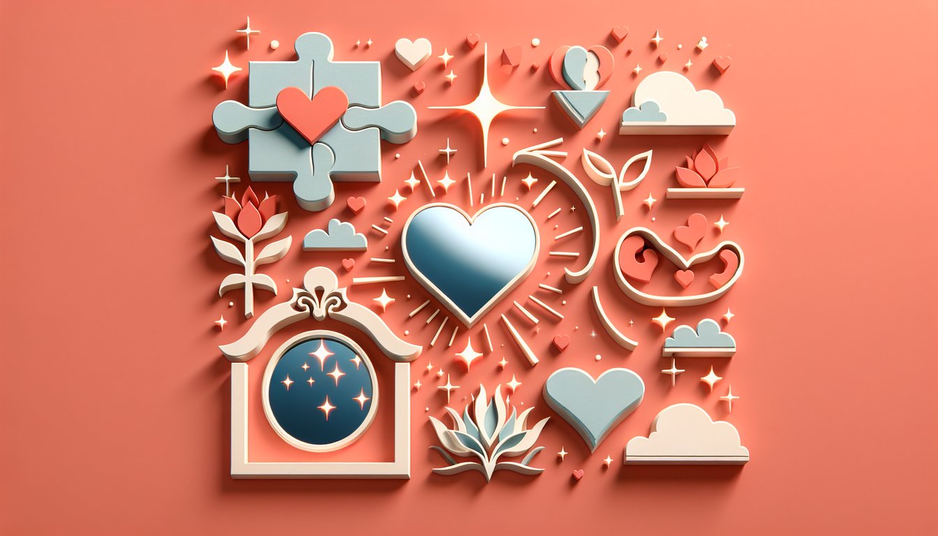 Paper art illustration for Love at First Match quiz on a coral background