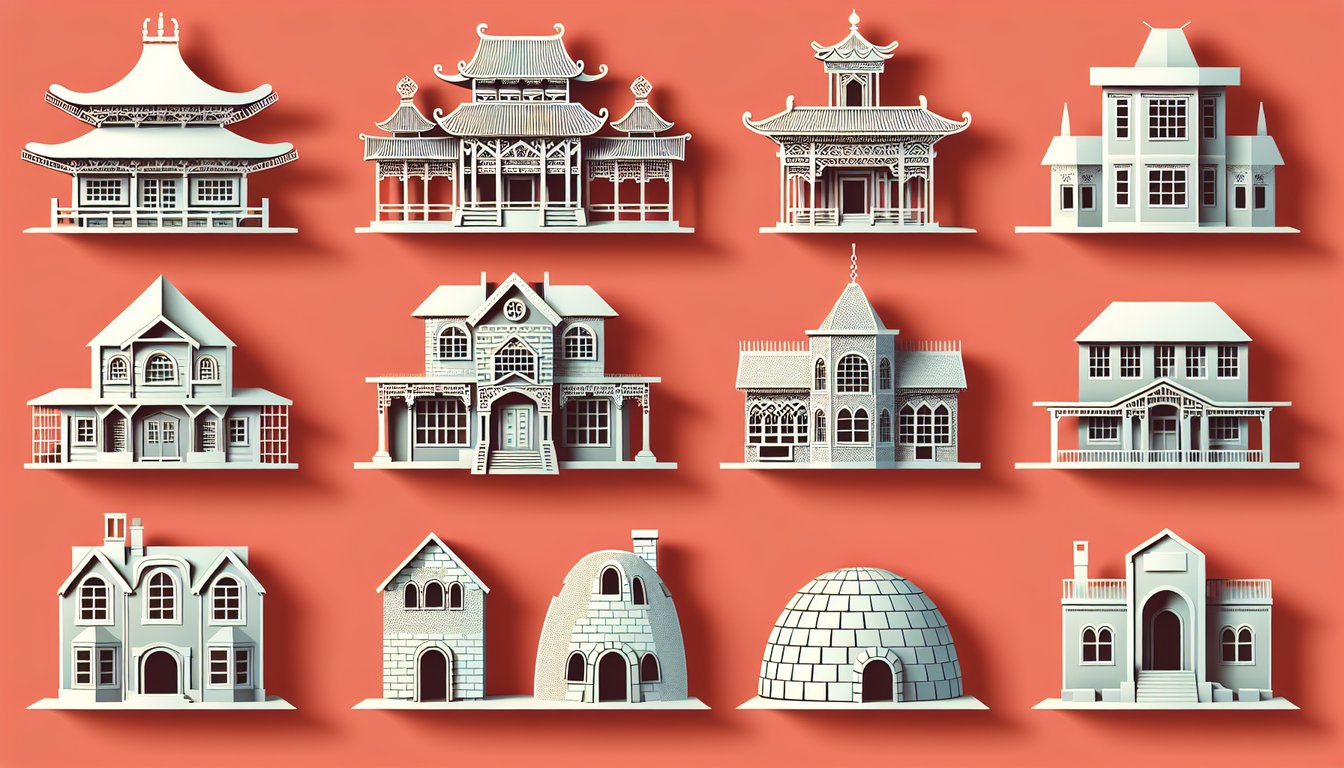 Paper art illustration of houses in global styles on coral background promoting a free houses quiz