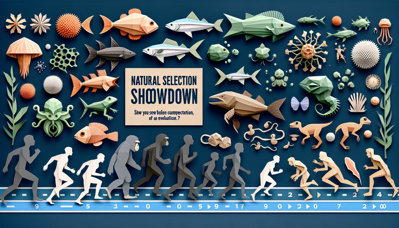 Colorful paper art promoting a trivia quiz on natural selection for high school biology students