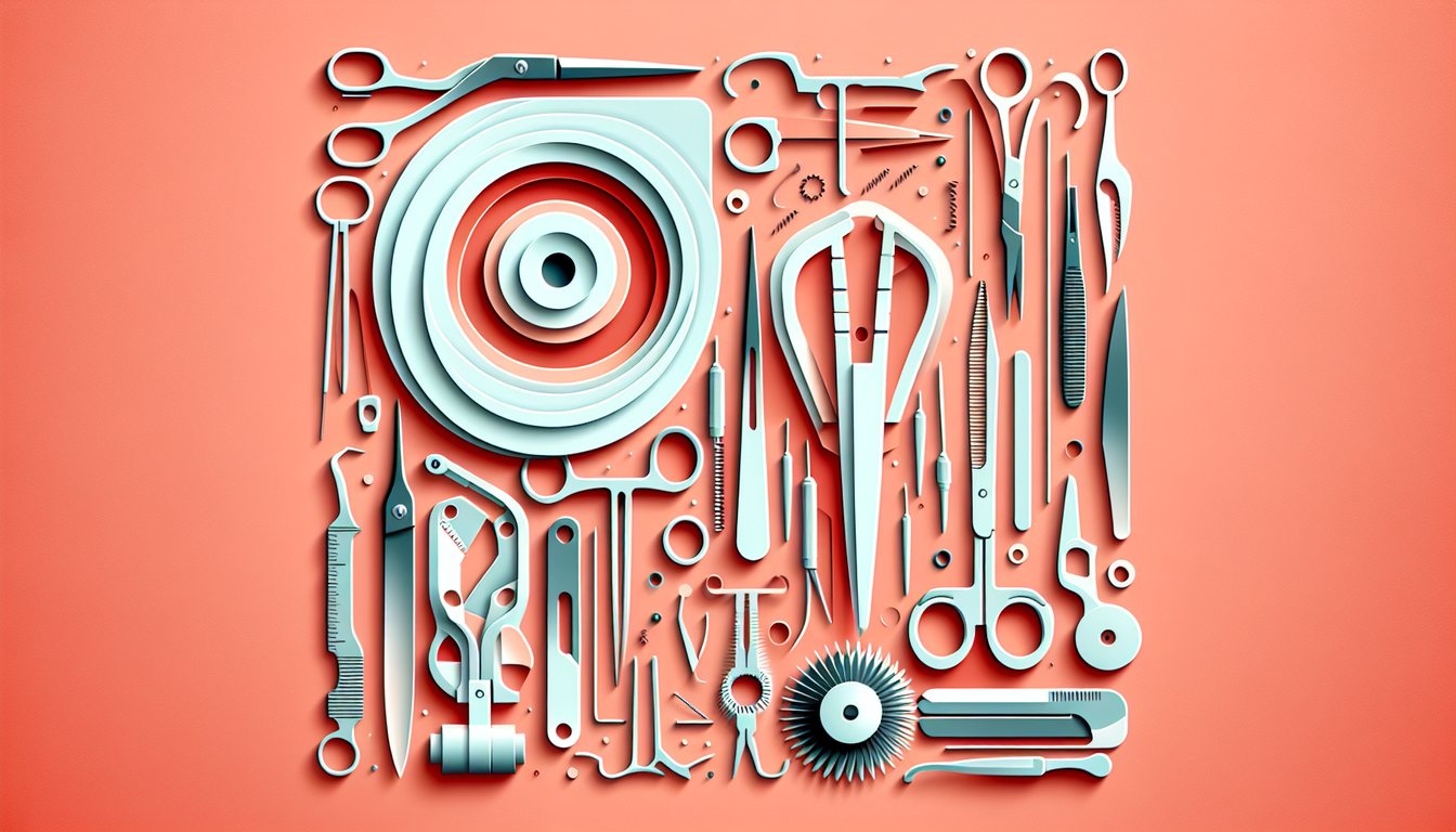 Paper art illustration showing stylized orthopedic surgery instruments from bone saws to retractors on coral background.