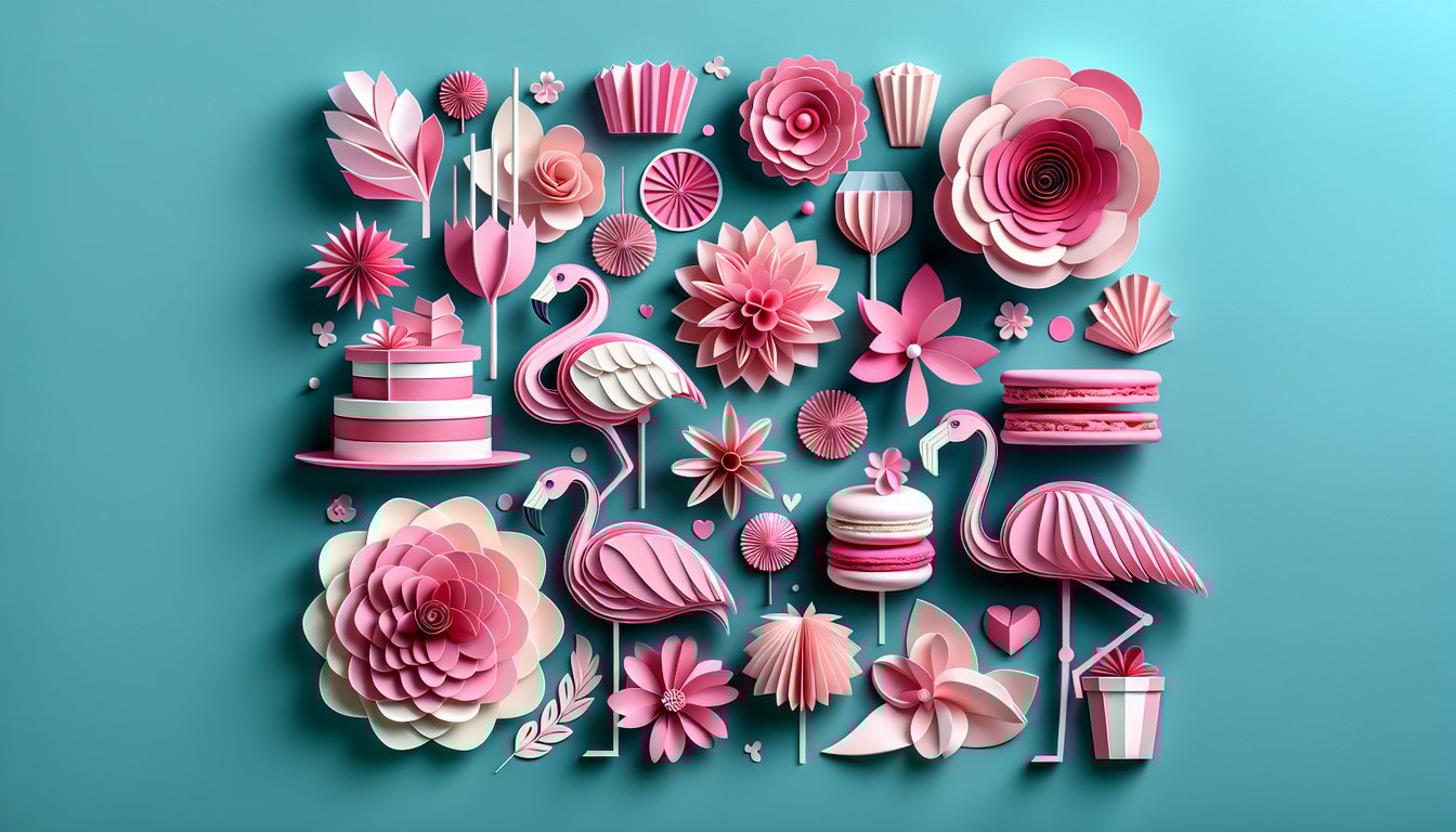Paper art illustration for pink trivia quiz on teal background with fun shapes vibrant letters celebrating National Pink Day