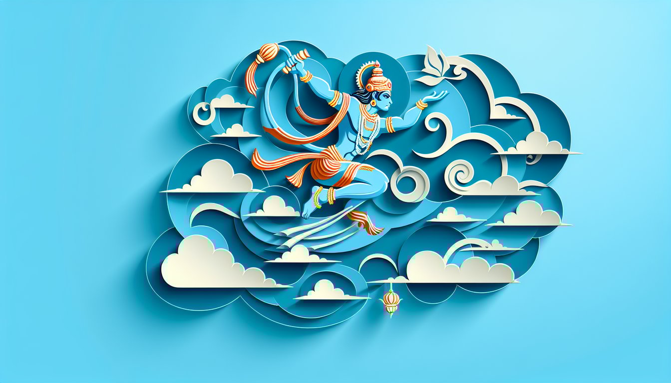 paper art illustration of Hanuman leaping with mace over sky blue background inviting quiz participation