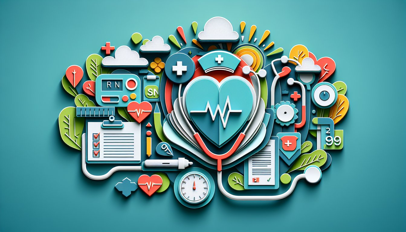 Paper art illustration with stethoscope book heart pencil quiz icons on teal background