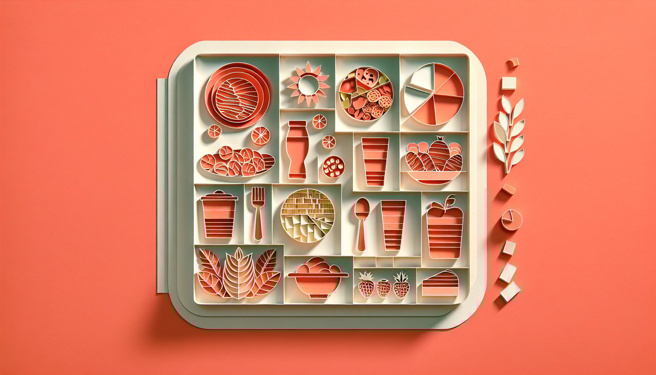 Paper art illustration shows plates with portioned fruits vegetables utensils on coral background for portion control quiz.