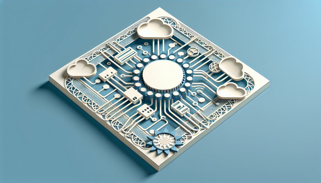Paper art showing seven network layers as layered pages with quiz icons on sky blue background