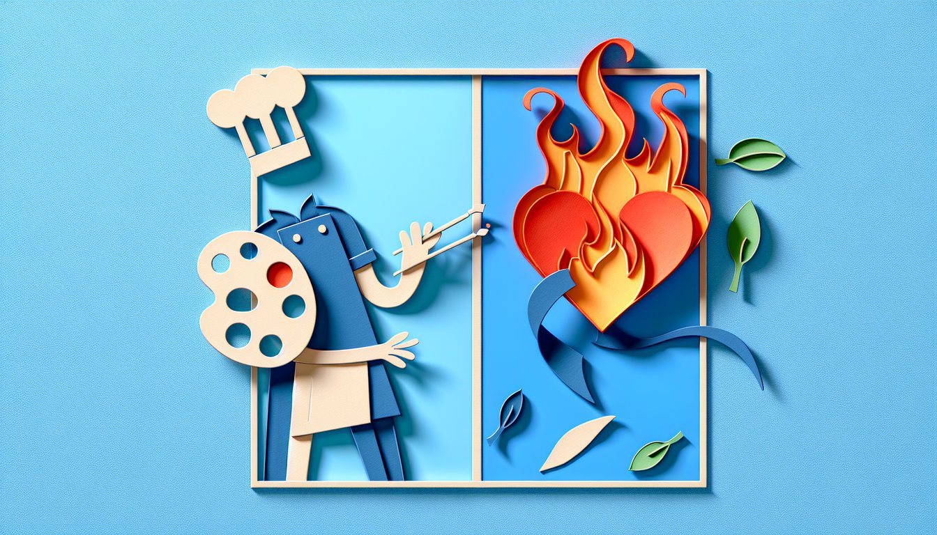Paper art of Remy and Colette on sky blue background for Ratatouille personality quiz about creativity vs passion