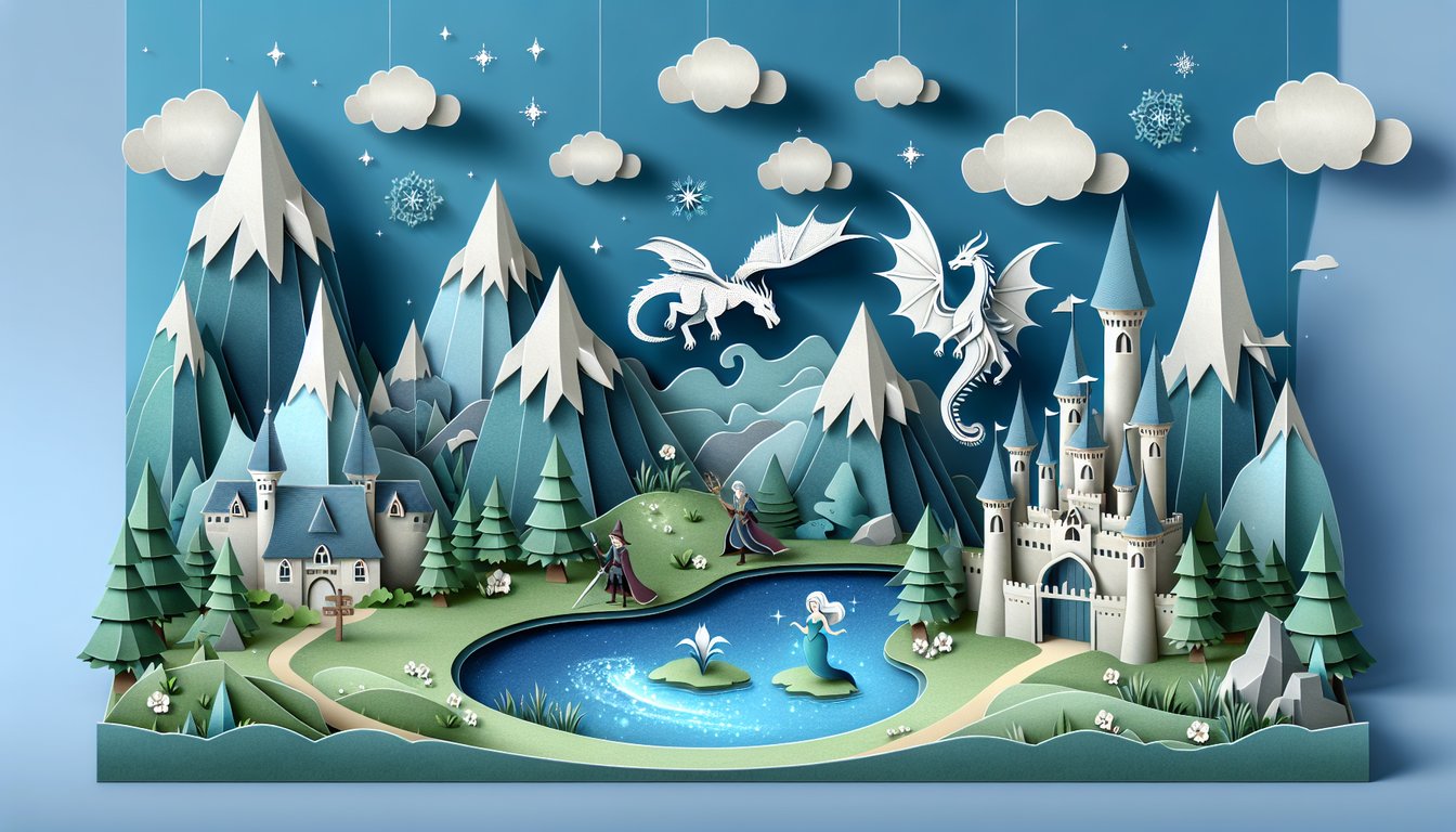 Fantasy quiz paper art illustration featuring magical elements on a sky blue background