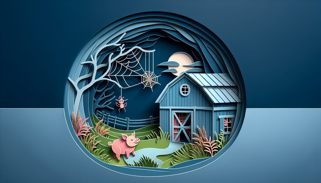 Paper art illustration for a Charlottes Web trivia quiz on a dark blue background
