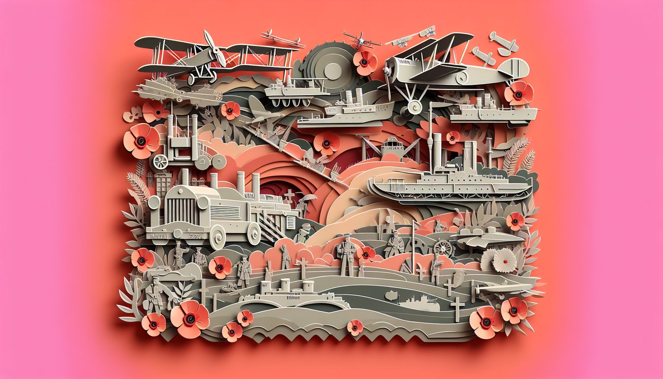 Paper art illustration shows WW1 icons including soldier helmet tank biplane trenches on coral background for a war quiz