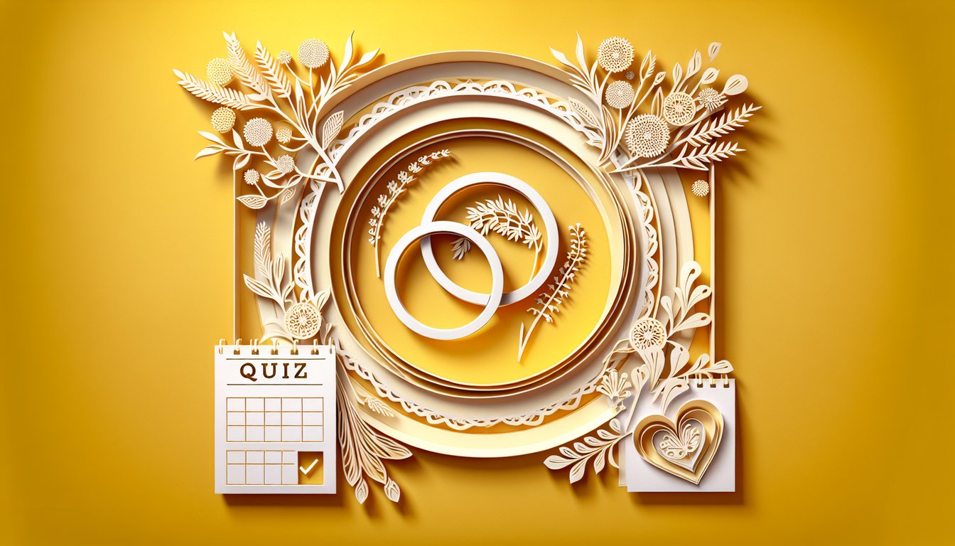 Paper art illustration of ring box, quiz title Should I Marry Him on golden yellow background