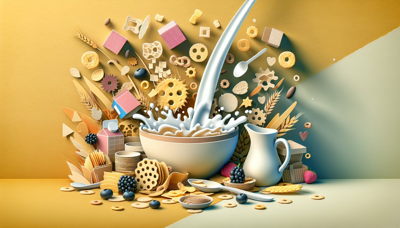 Paper art cereal bowls spoons and vintage 1950s cereal boxes on golden yellow background for breakfast quiz