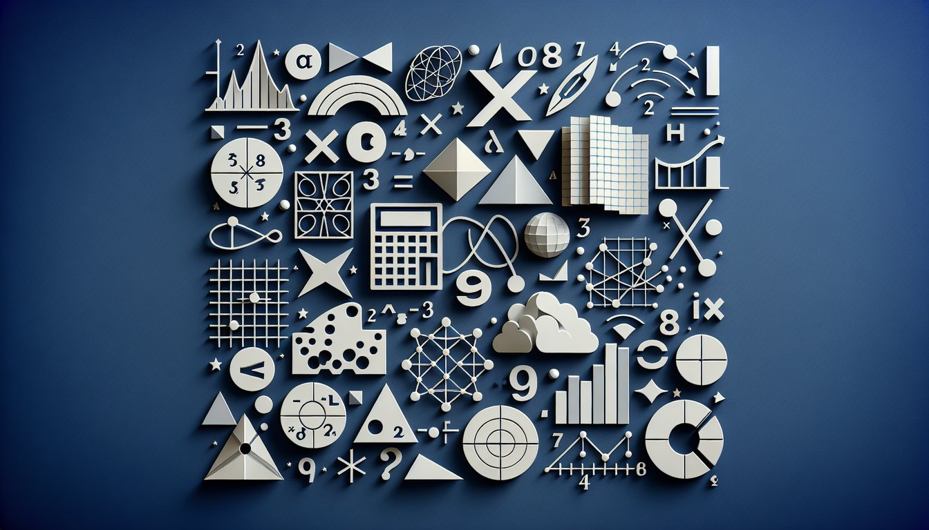paper art illustration with algebra symbols numbers shapes promoting math practice quiz on dark blue background