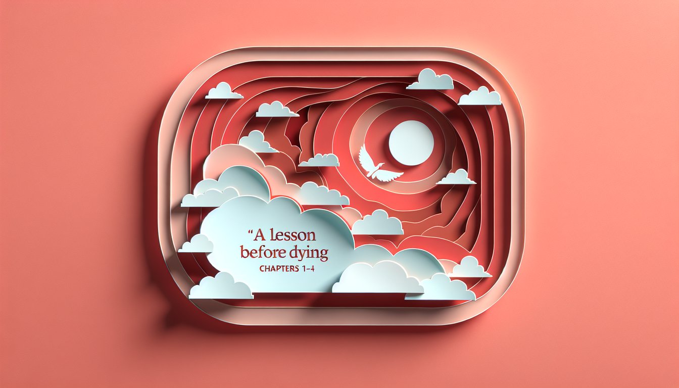 Paper art illustrating a quiz on A Lesson Before Dying chapters 1-4 on a coral background