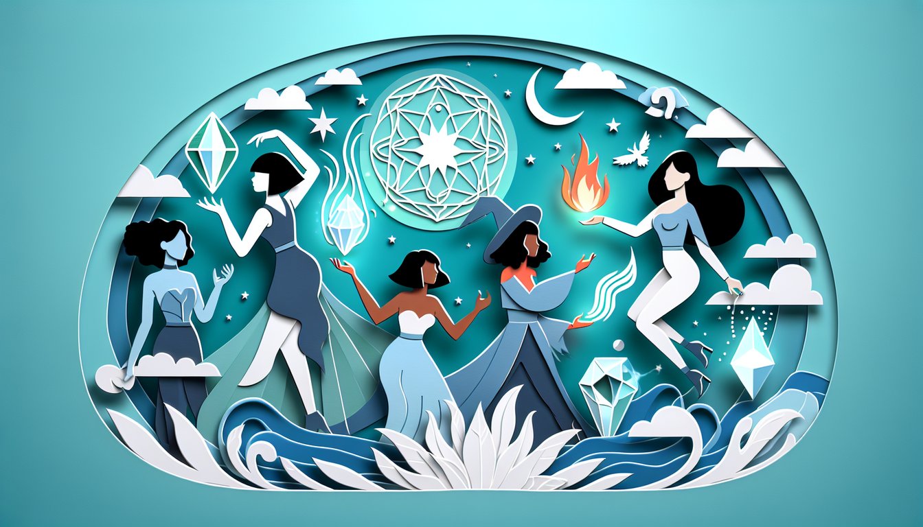 Paper art style illustration of mystical book, potion bottles, crystals, herbs, and a witch hat floating on teal background.