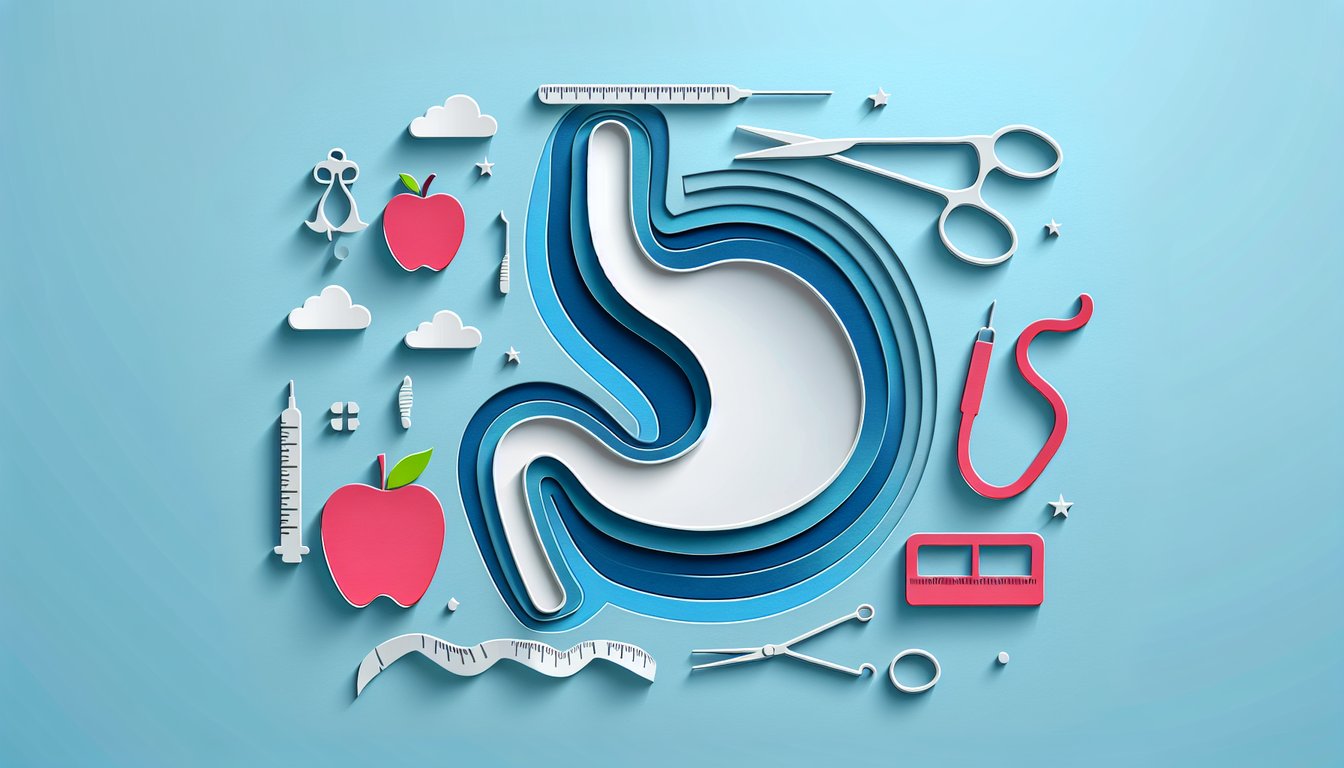 Paper art quiz on sky blue background features checklist and scissors inviting weight loss surgery eligibility assessment