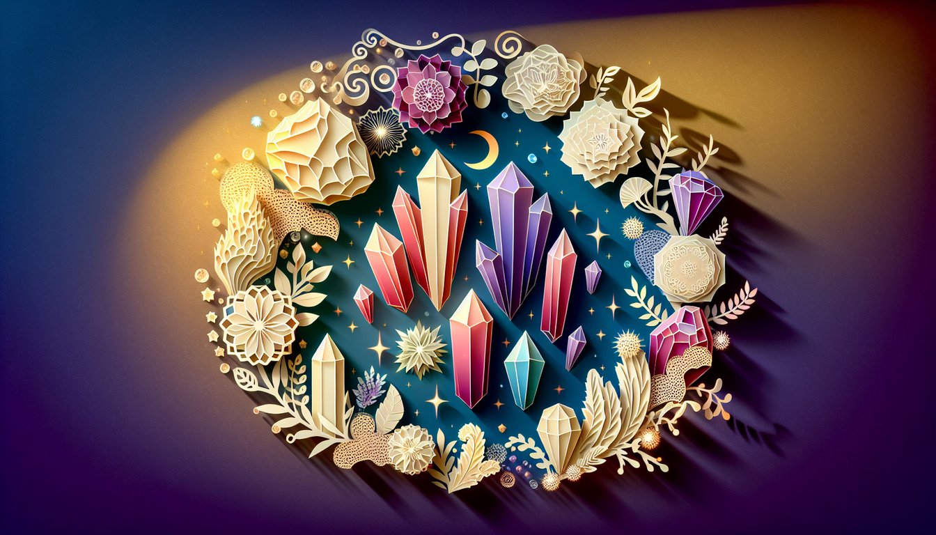 Paper cutout gemstones in various shapes and hues on a golden yellow background suggesting a crystal personality quiz
