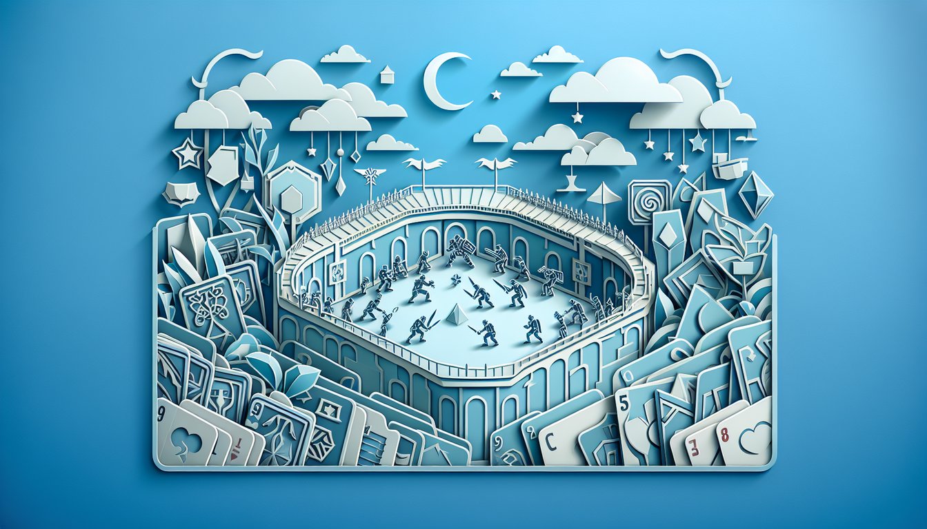 Paper art illustration for Clash Royale quiz showcasing battle tactics, card knowledge, and arena skills on sky blue background.
