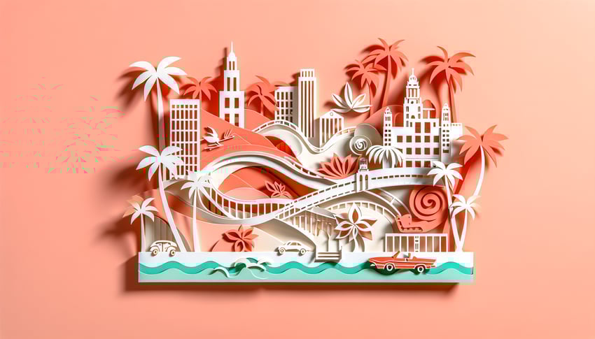 Paper cut art illustration of three stylish Beverly Hills women silhouettes for 90210 character quiz on coral background