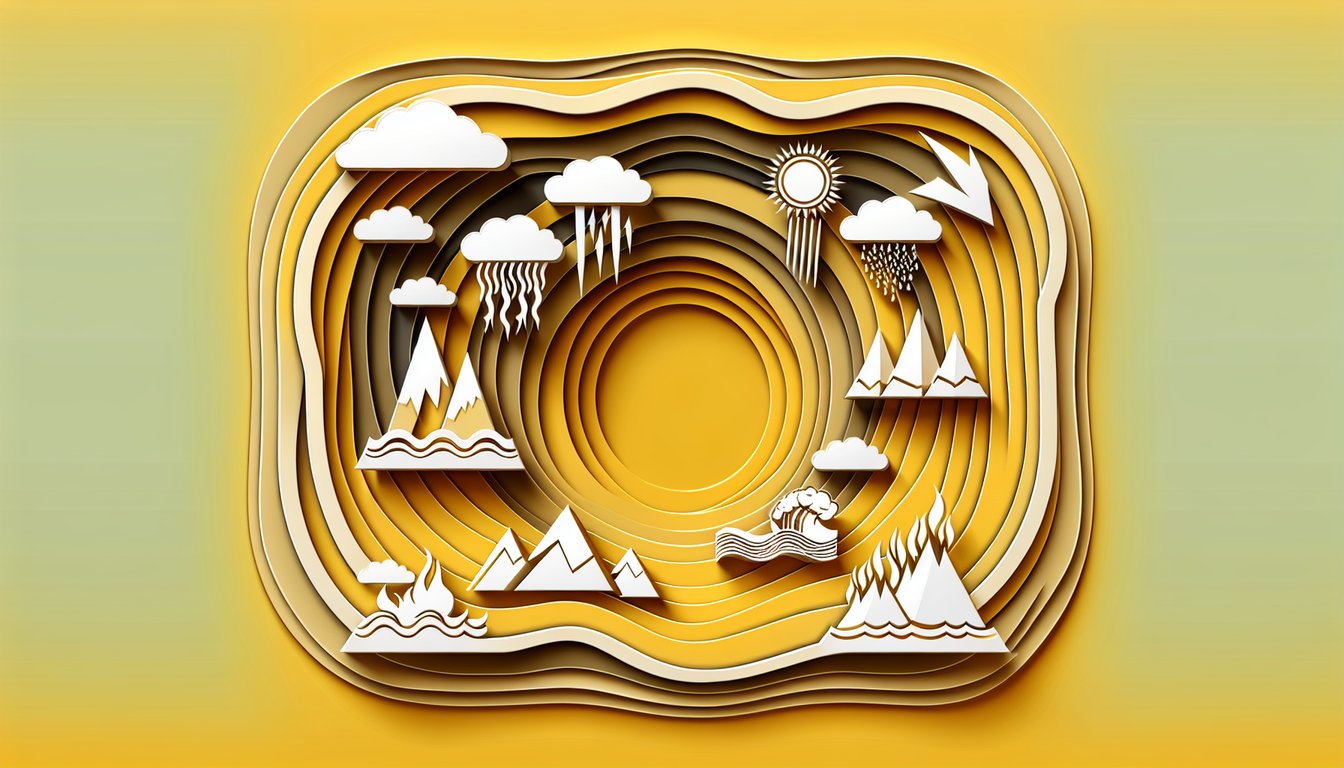 paper art style icons of earthquake flood drought volcano on golden yellow background for natural hazards quiz