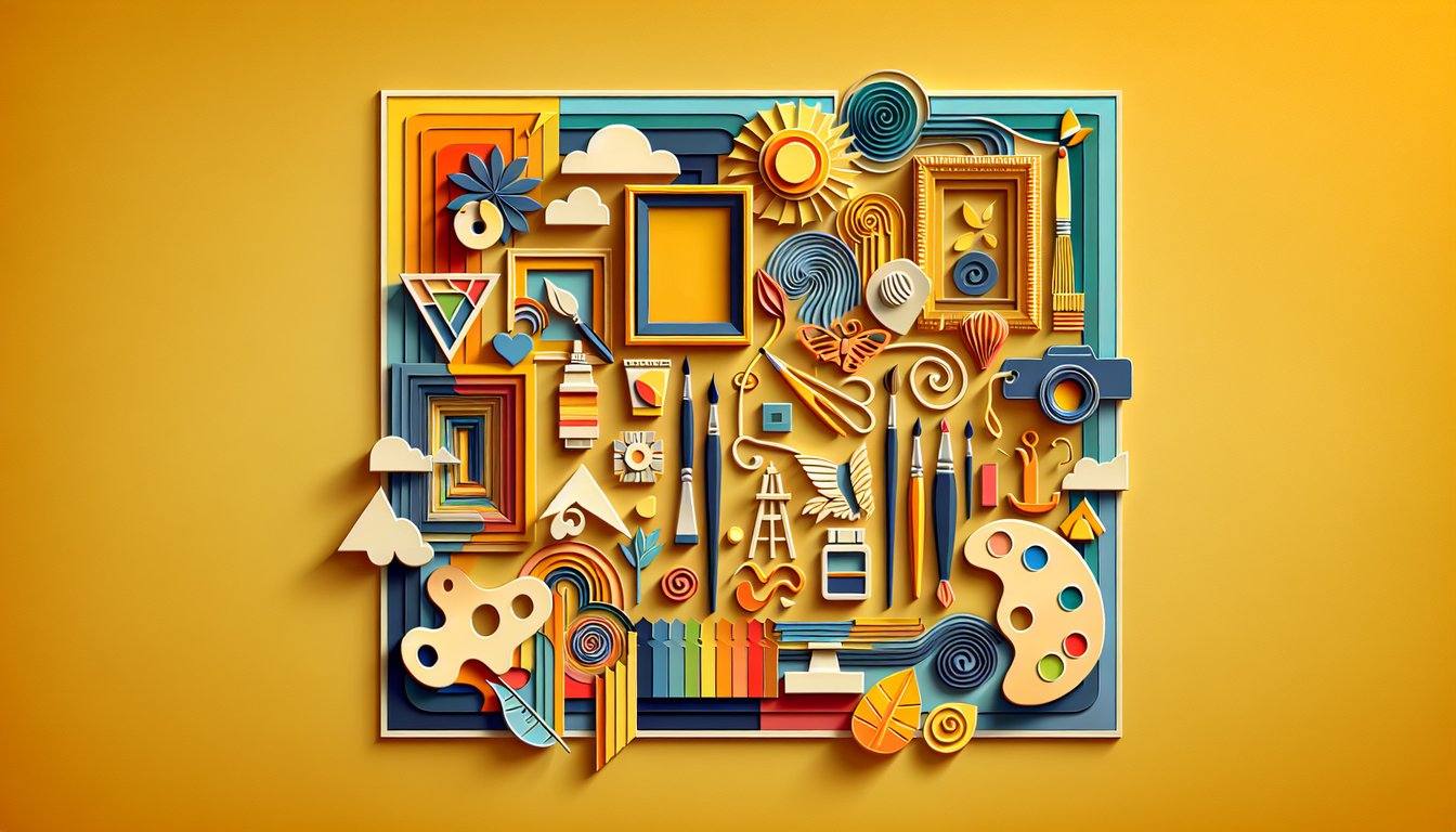 Paper art illustration for art look-alike quiz on a golden yellow background
