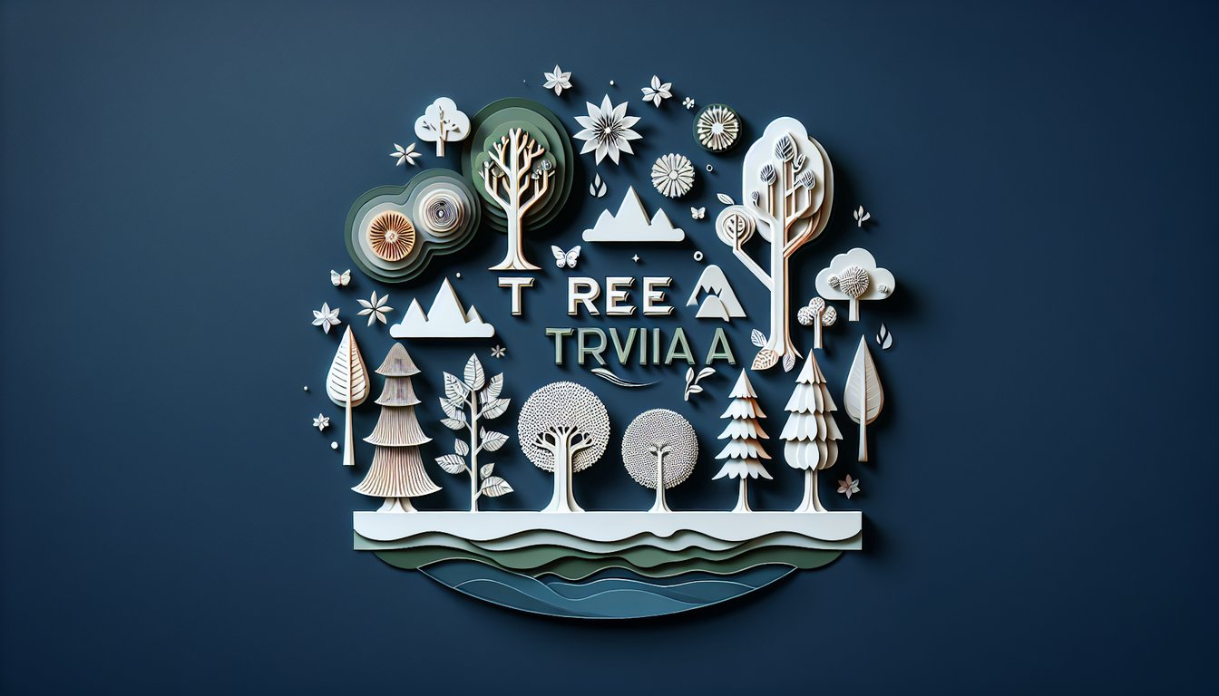 Paper art illustration of green layered trees leaves and quiz icons on dark blue background for tree trivia quiz