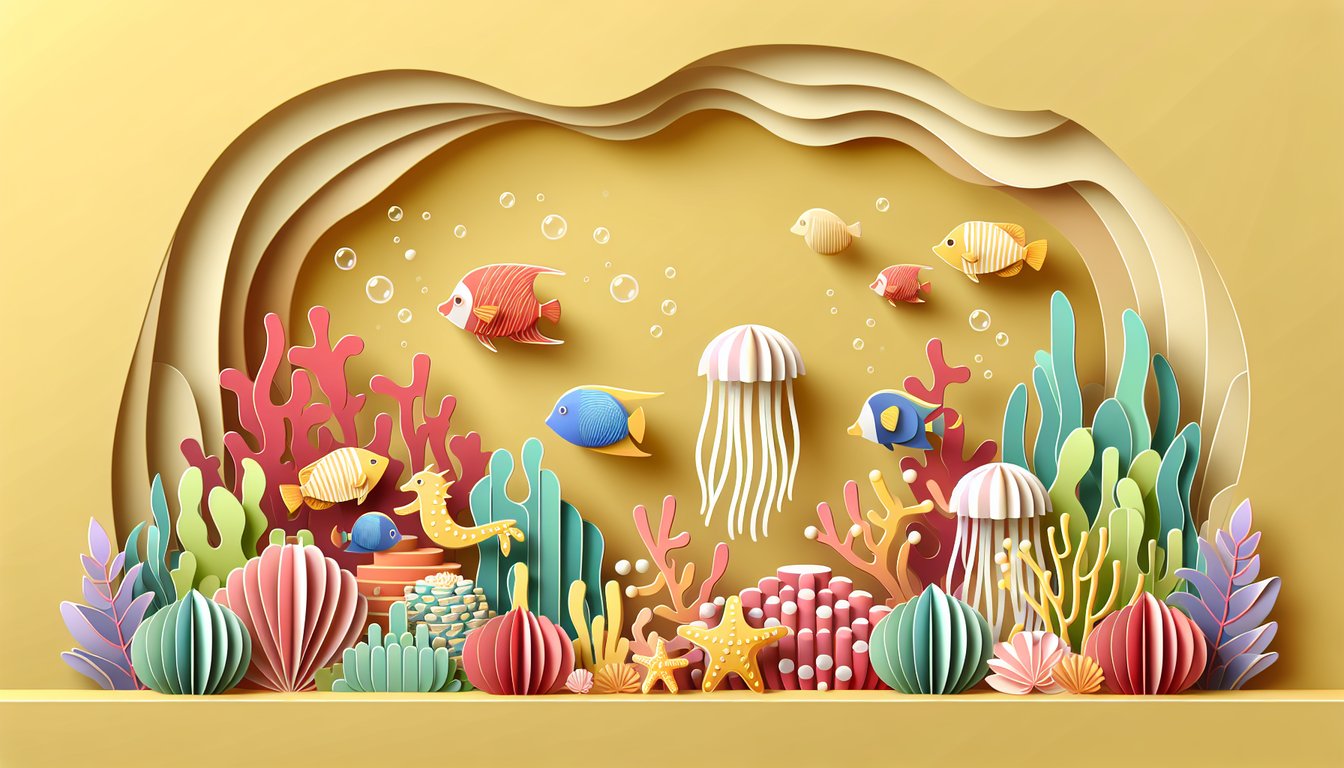 Paper art showing Nemo Dory and Marlin as three colored fish shapes on a golden yellow background