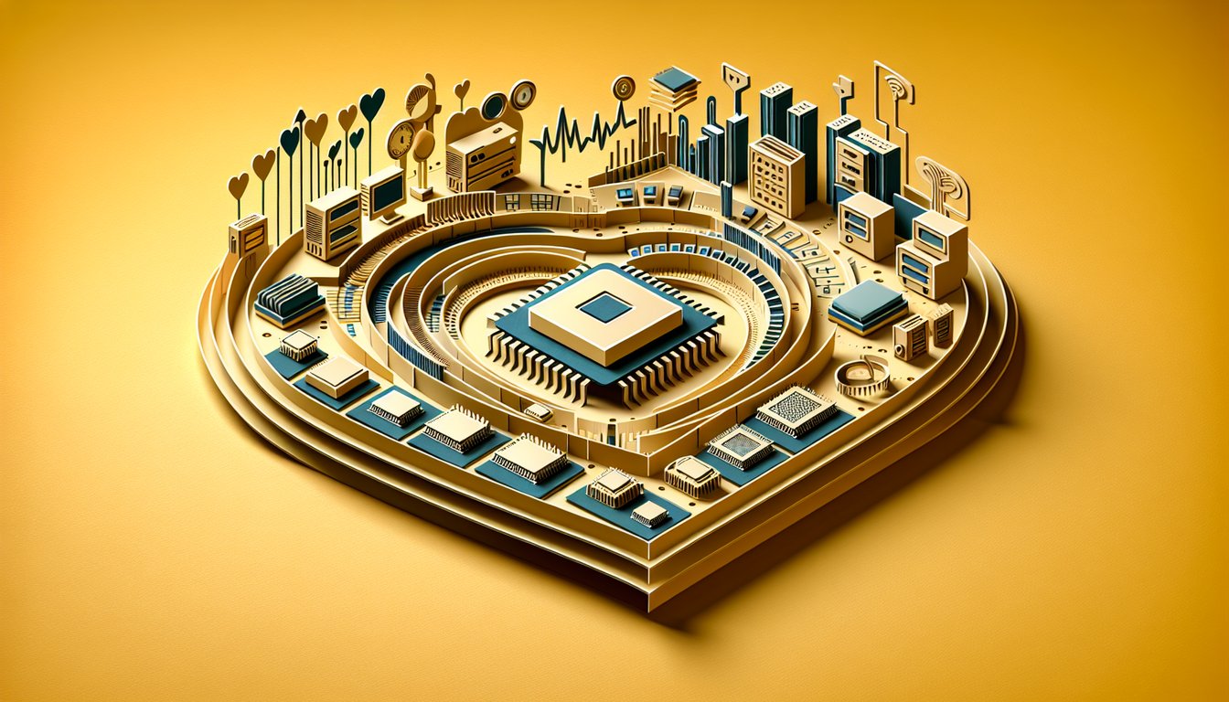 Paper art of hardware and system component icons layered on golden yellow backdrop representing processing cycle quiz