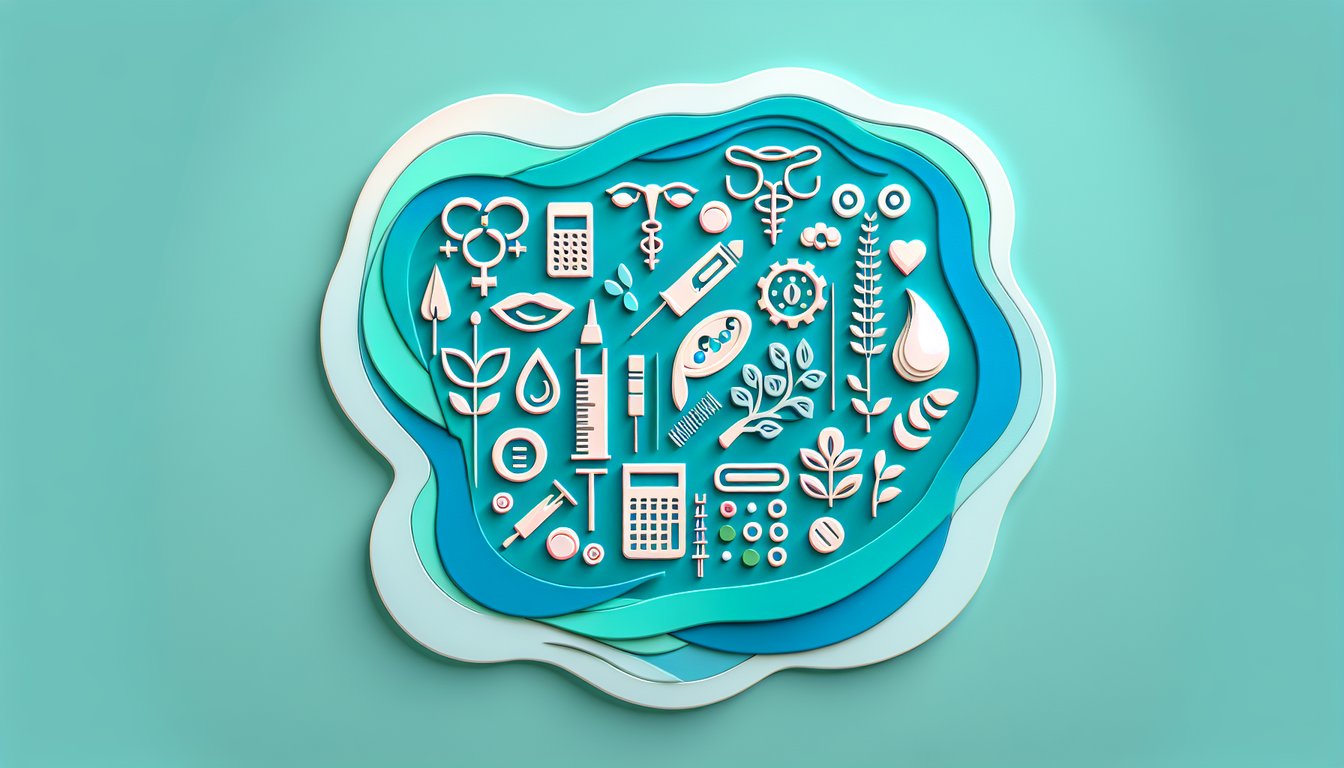 Paper art style illustration of a birth control quiz interface with icons and text on teal background