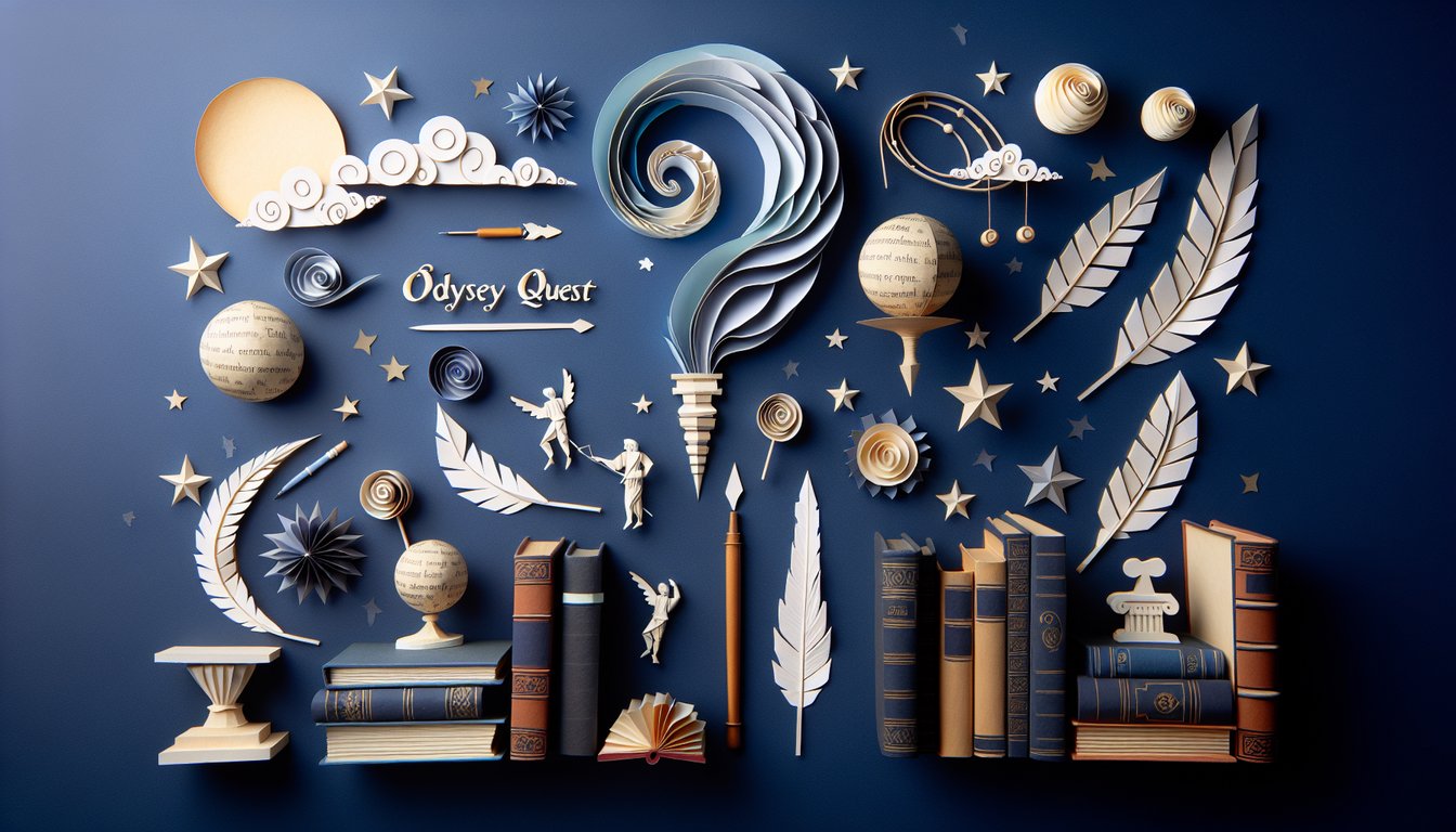 Colorful paper art promoting Odyssey Quest, a literature quiz for high school students.