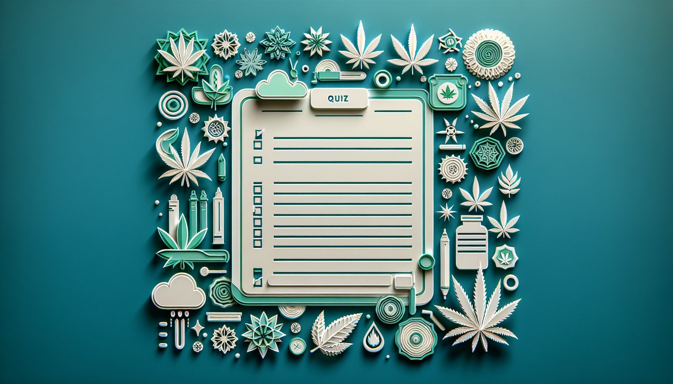 Paper art illustration for weed strain quiz on teal background