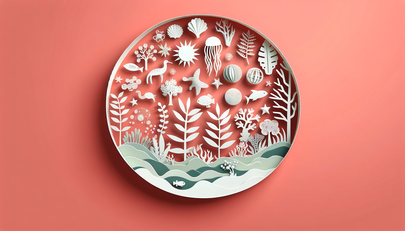 Paper art layers depicting trees hills waves animals insects on coral background for ecology and biosphere quiz