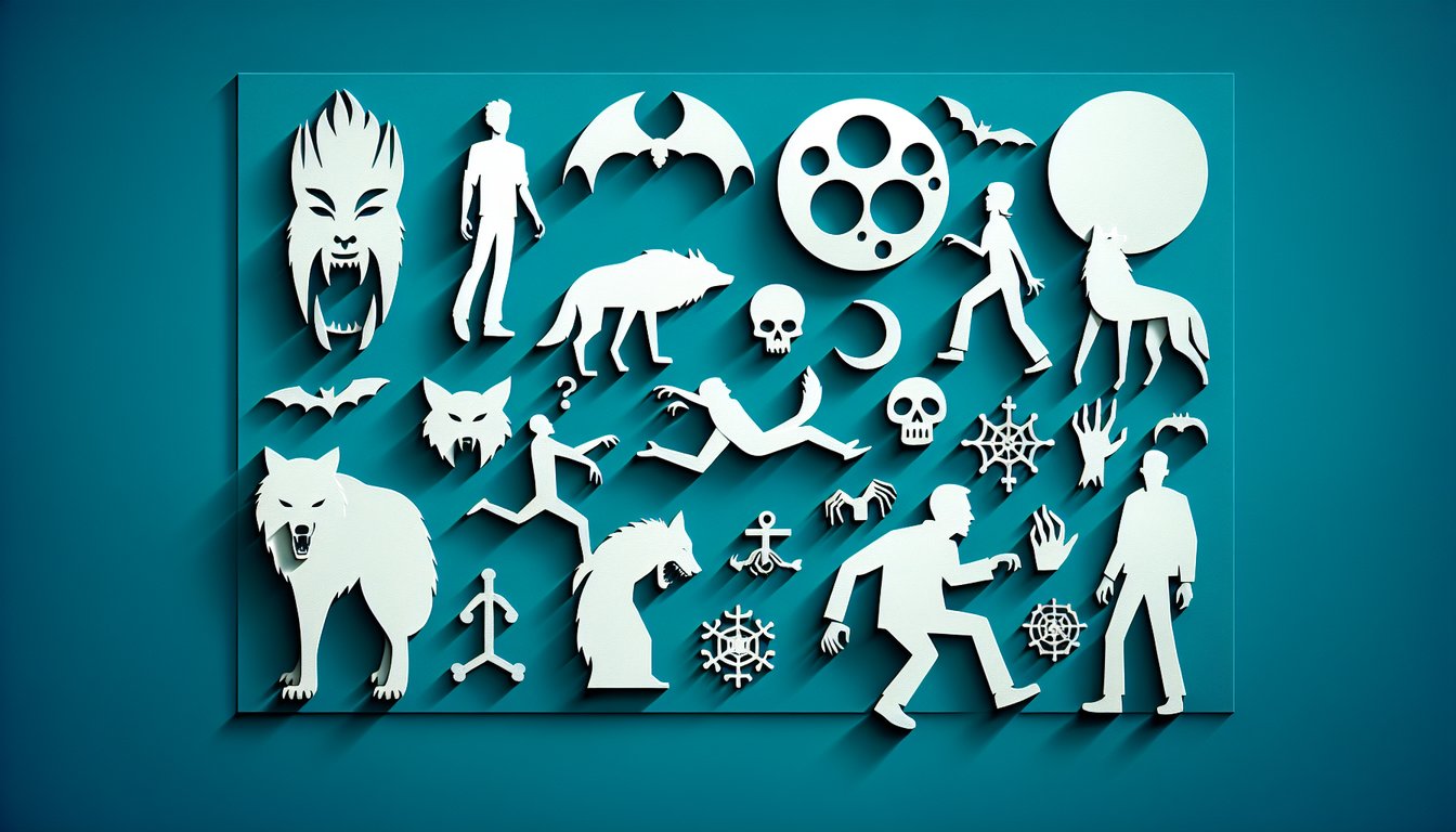 Paper art style vampire werewolf survivor and zombie icons on teal background for undead personality quiz