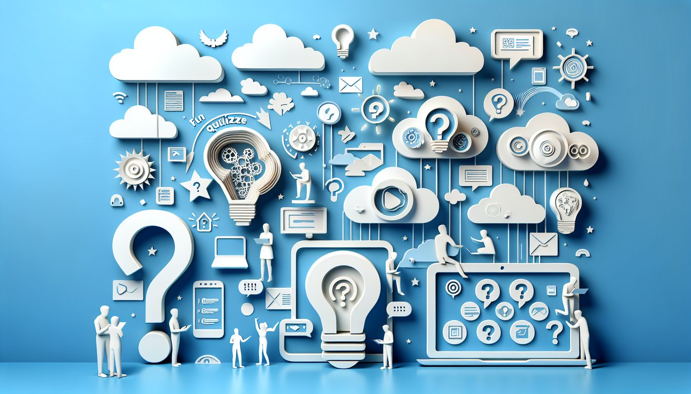 Paper art style illustration of laptop with quiz icons stars and speech bubbles on sky blue background